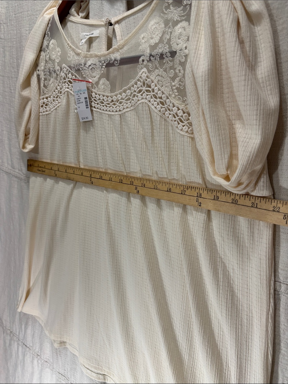 NWT Maurices Cream Crochet Lace Yoke Peasant Blouse Long Sleeve Boho 1X - Picture 7 of 9